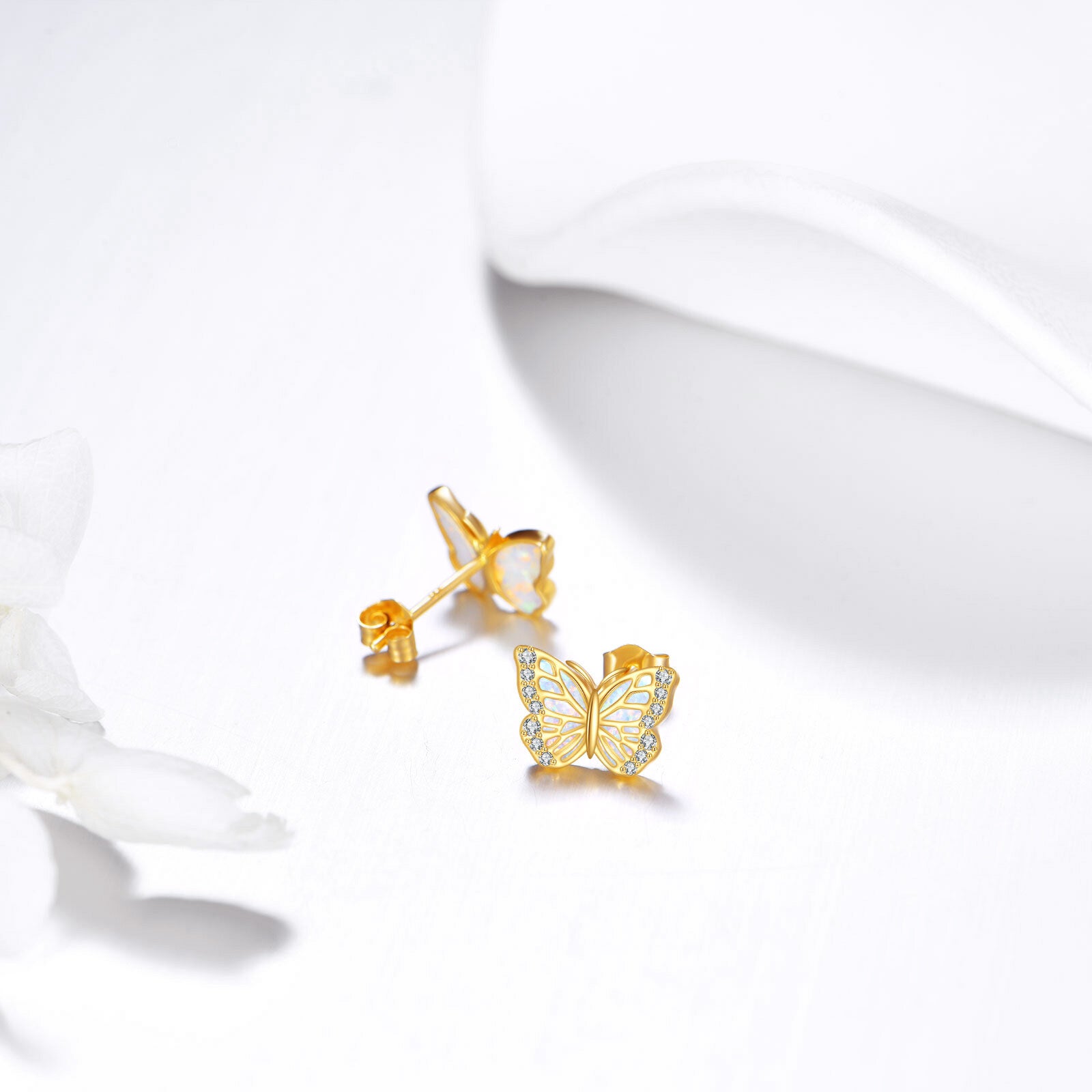 14K Gold Cubic Zirconia & Opal Butterfly Stud Earrings