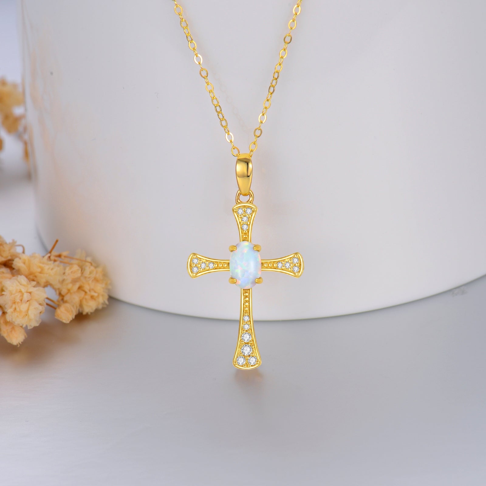 14K Gold Cubic Zirconia & Opal Cross Pendant Necklace