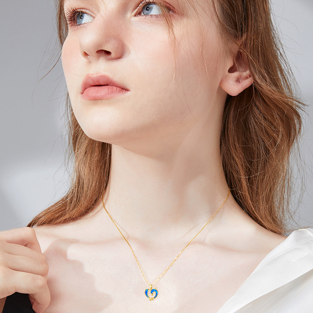 14K Gold Opal Dolphin & Heart Pendant Necklace