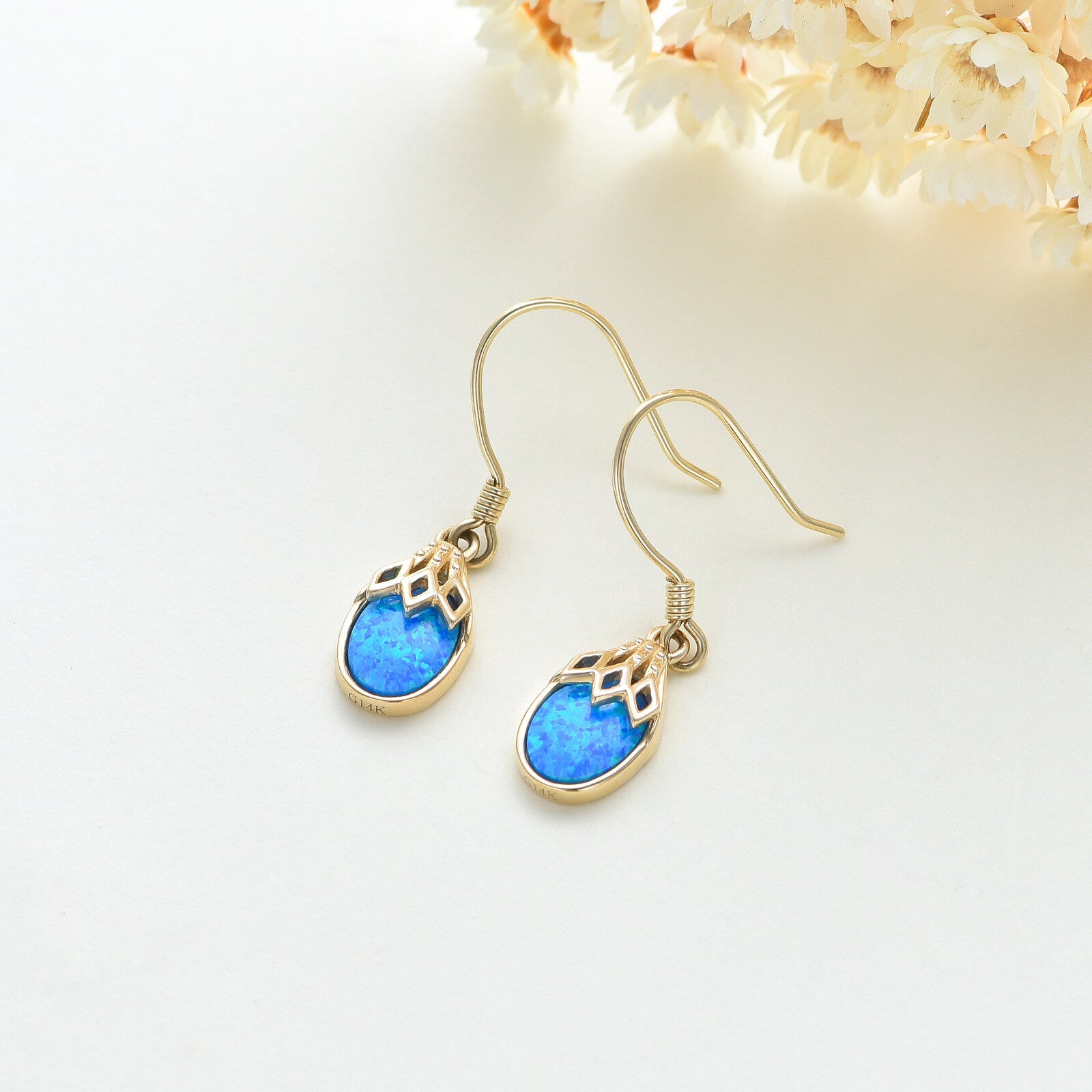 14K Solid Gold Drop Opal Drop Earrings For Women