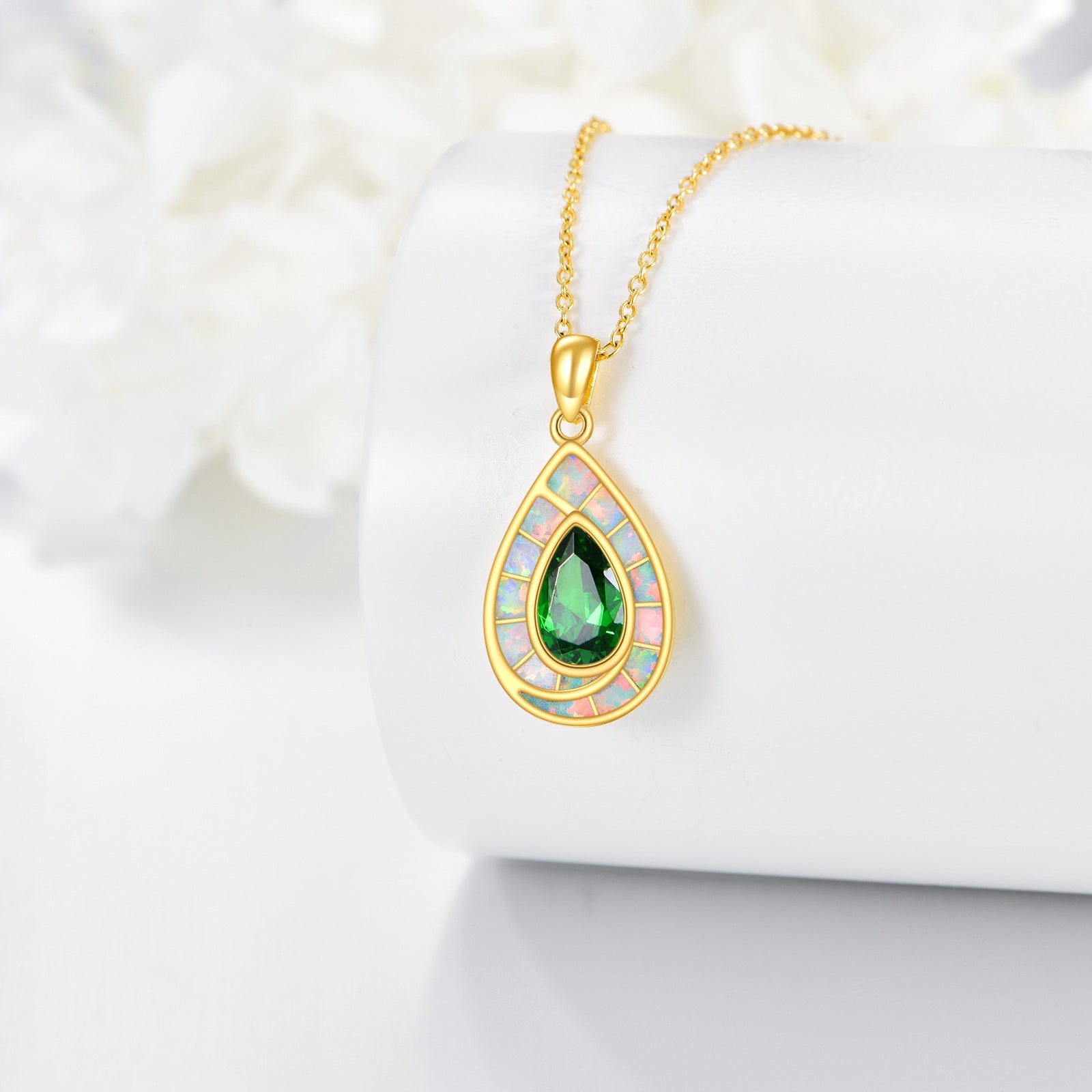 Sterling Silver with Yellow Gold Plated Cubic Zirconia & Opal Drop Shape Pendant Necklace