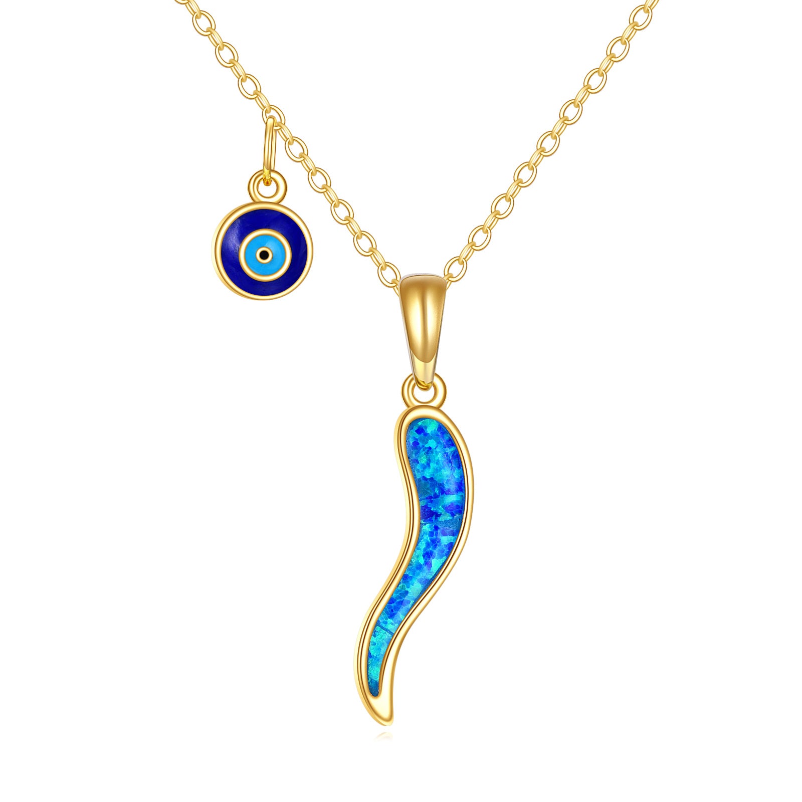 14K Gold Opal Evil Eye & Italian Horn Pendant Necklace