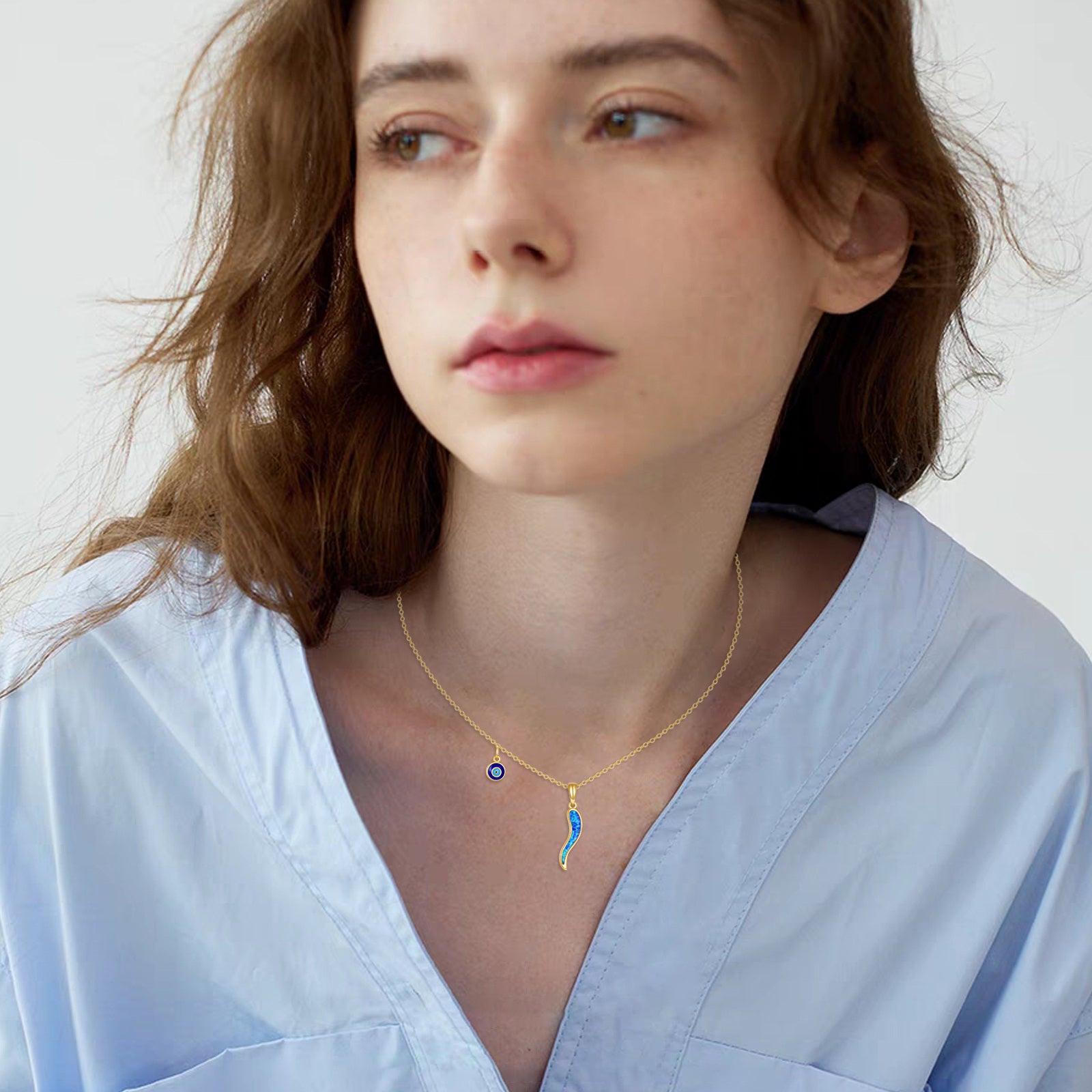 14K Gold Opal Evil Eye & Italian Horn Pendant Necklace