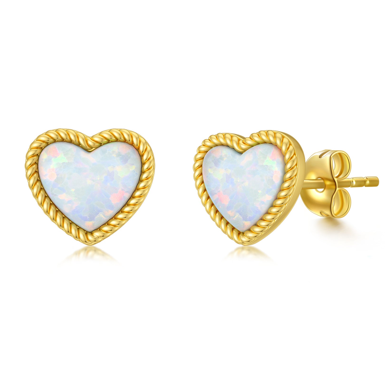 14K Gold Opal Heart Stud Earrings
