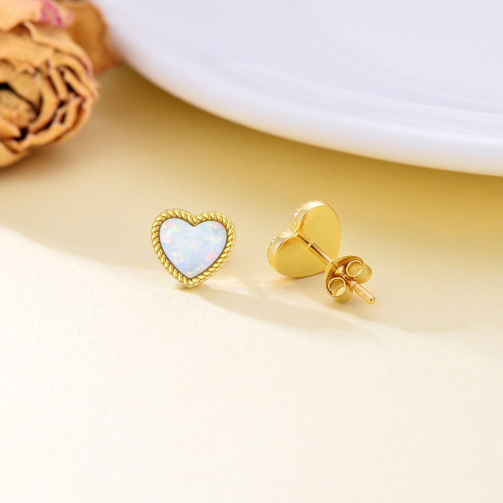 14K Gold Opal Heart Stud Earrings