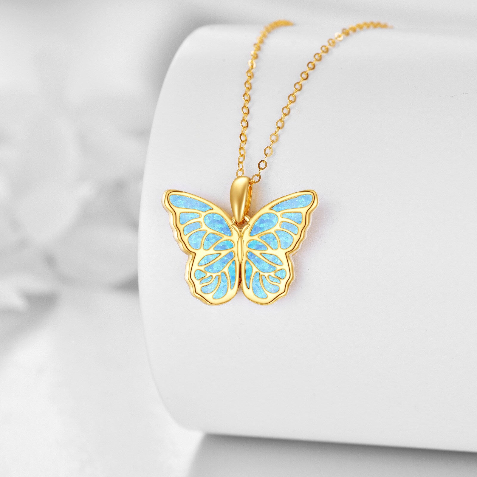 Sterling Silver with Gold Plated Opal Butterfly Pendant Necklace
