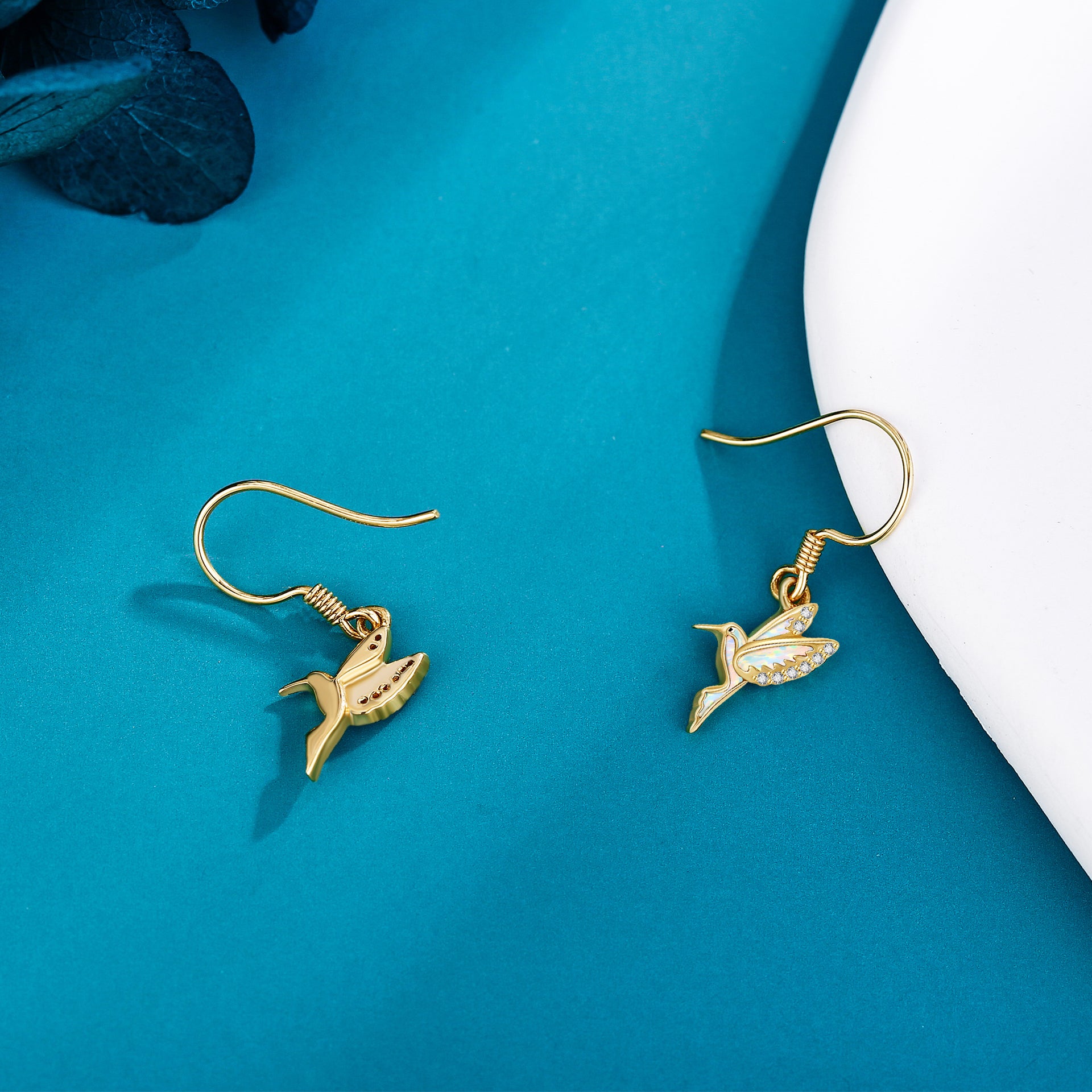 14K Gold Opal Hummingbird Drop Earrings