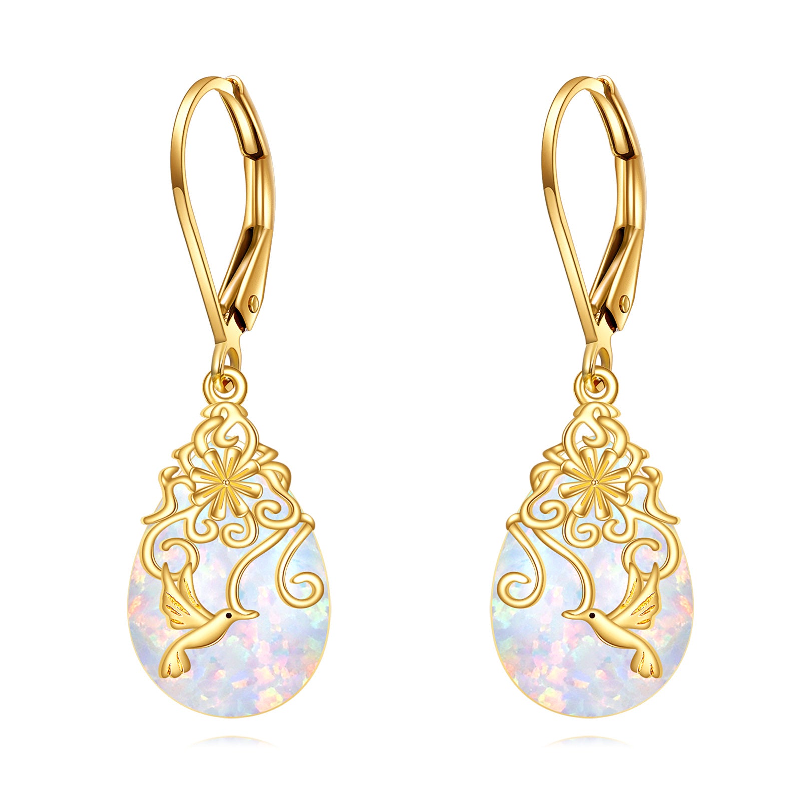14K Gold Opal Hummingbird Lever-back Earrings