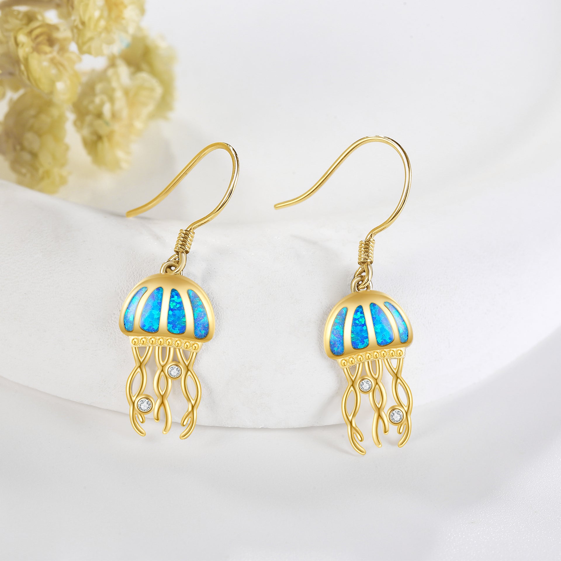 14K Gold Cubic Zirconia & Opal Jellyfish Drop Earrings for Women