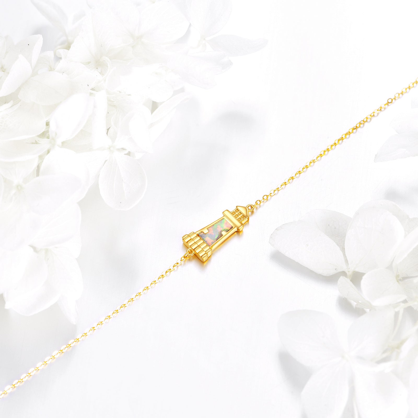 14K Gold Opal Lighthouse Charm Bracelet