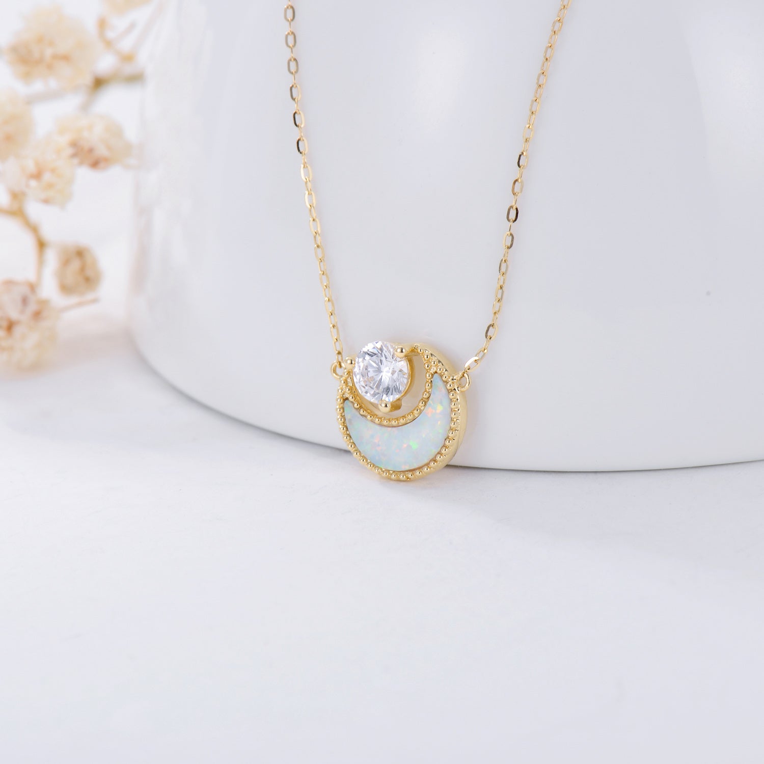 14K Gold Opal & Cubic Zirconia Moon Pendant Necklace