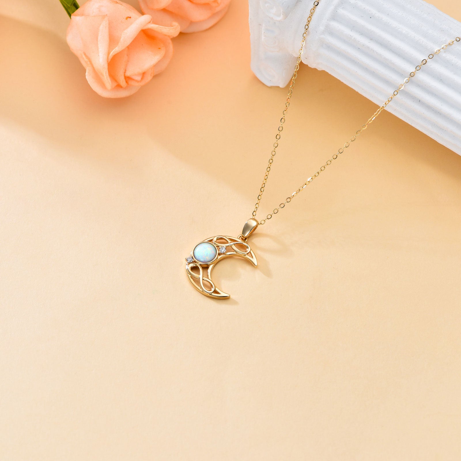 14K Gold Cubic Zirconia & Opal Moon Pendant Necklace