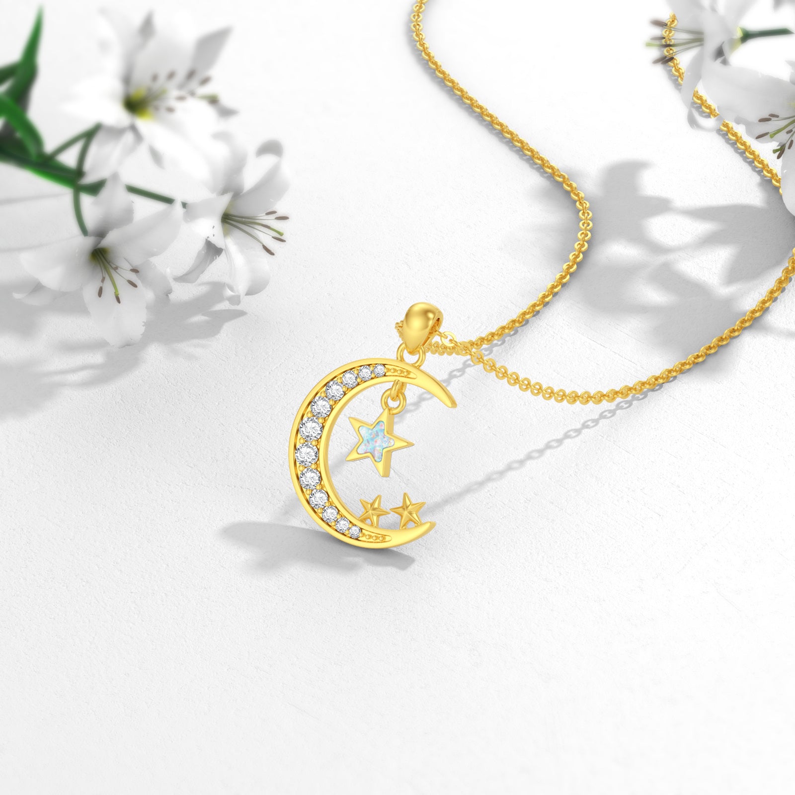 14K Gold Cubic Zirconia Opal Moon Star Necklace for Women