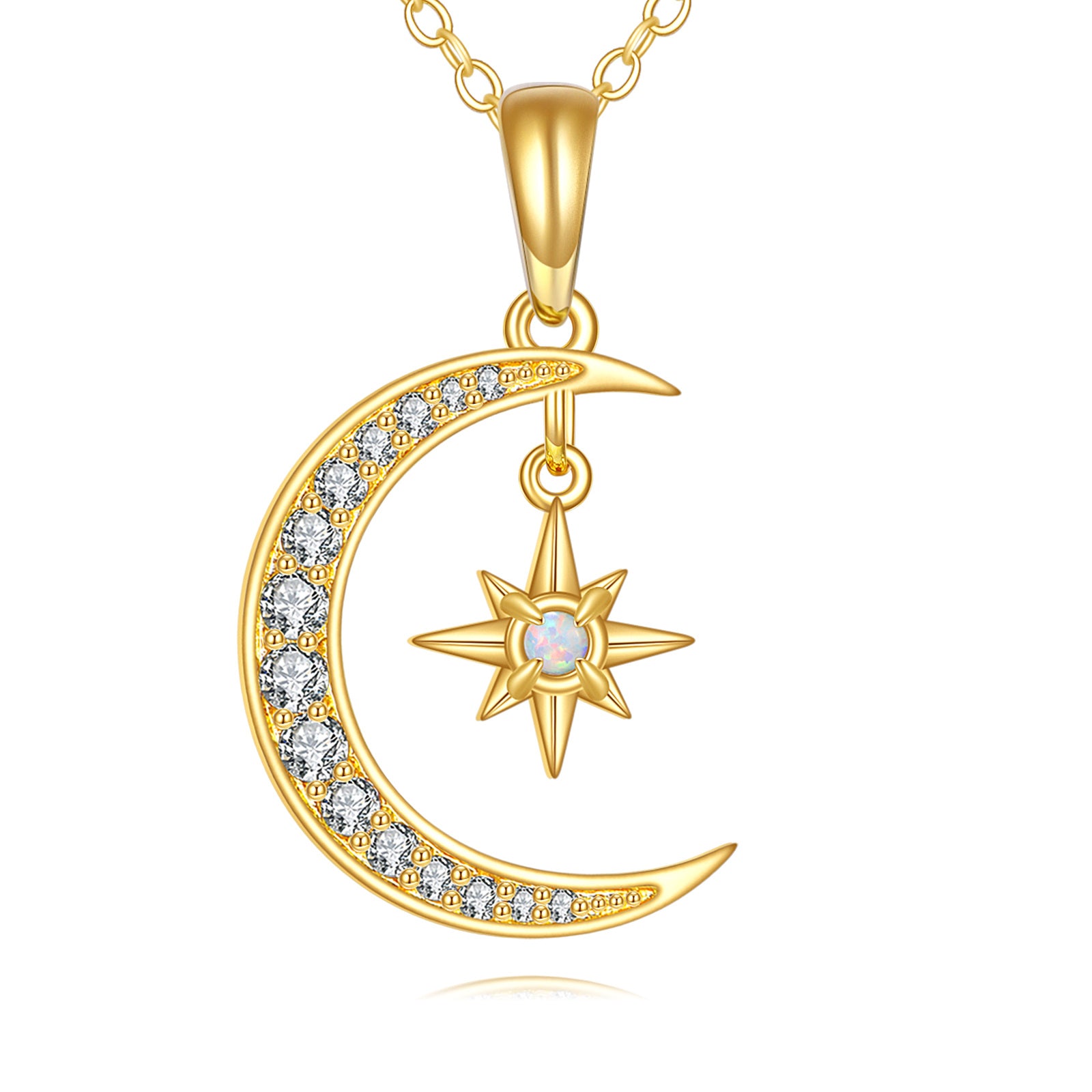 14K Gold Cubic Zirconia & Opal Moon & Star Pendant Necklace
