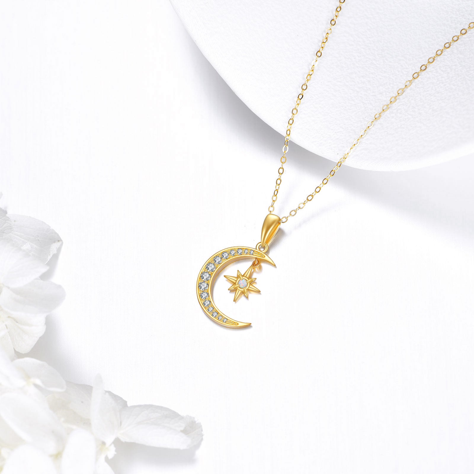 14K Gold Cubic Zirconia & Opal Moon & Star Pendant Necklace