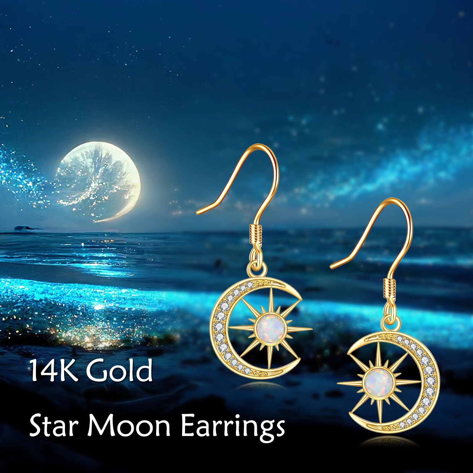 14K Gold Round Opal Moon & Sun Drop Earrings For Women