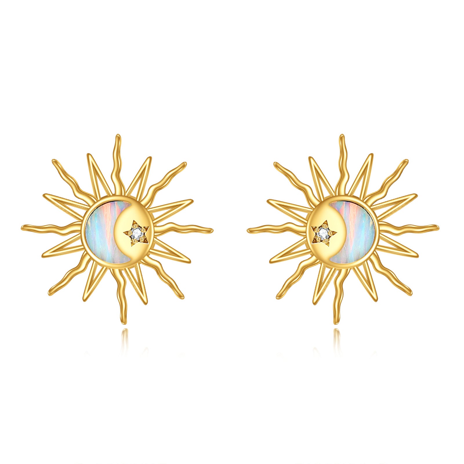 14K Gold Cubic Zirconia & Opal Moon & Sun Stud Earrings