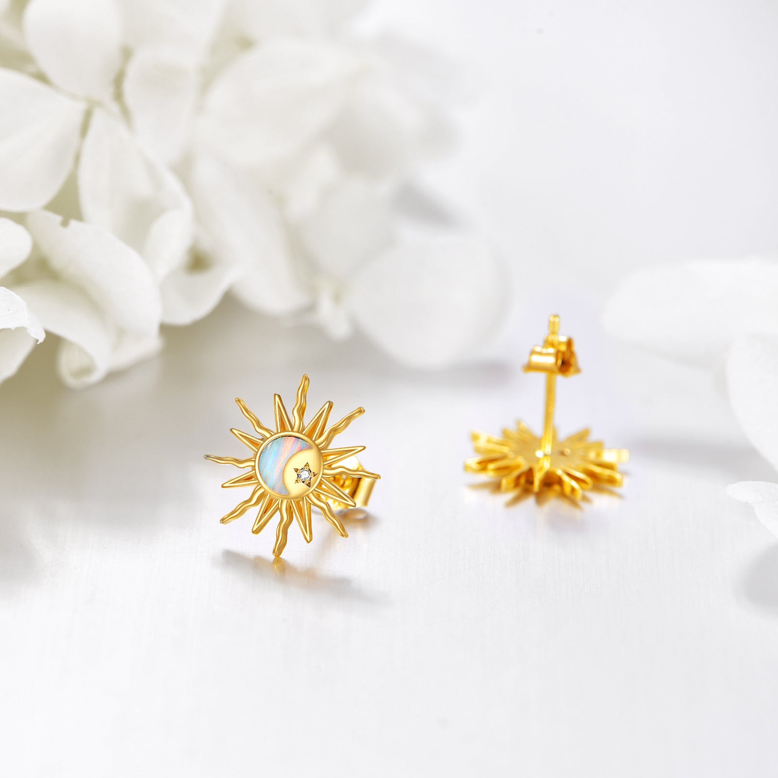 14K Gold Cubic Zirconia & Opal Moon & Sun Stud Earrings