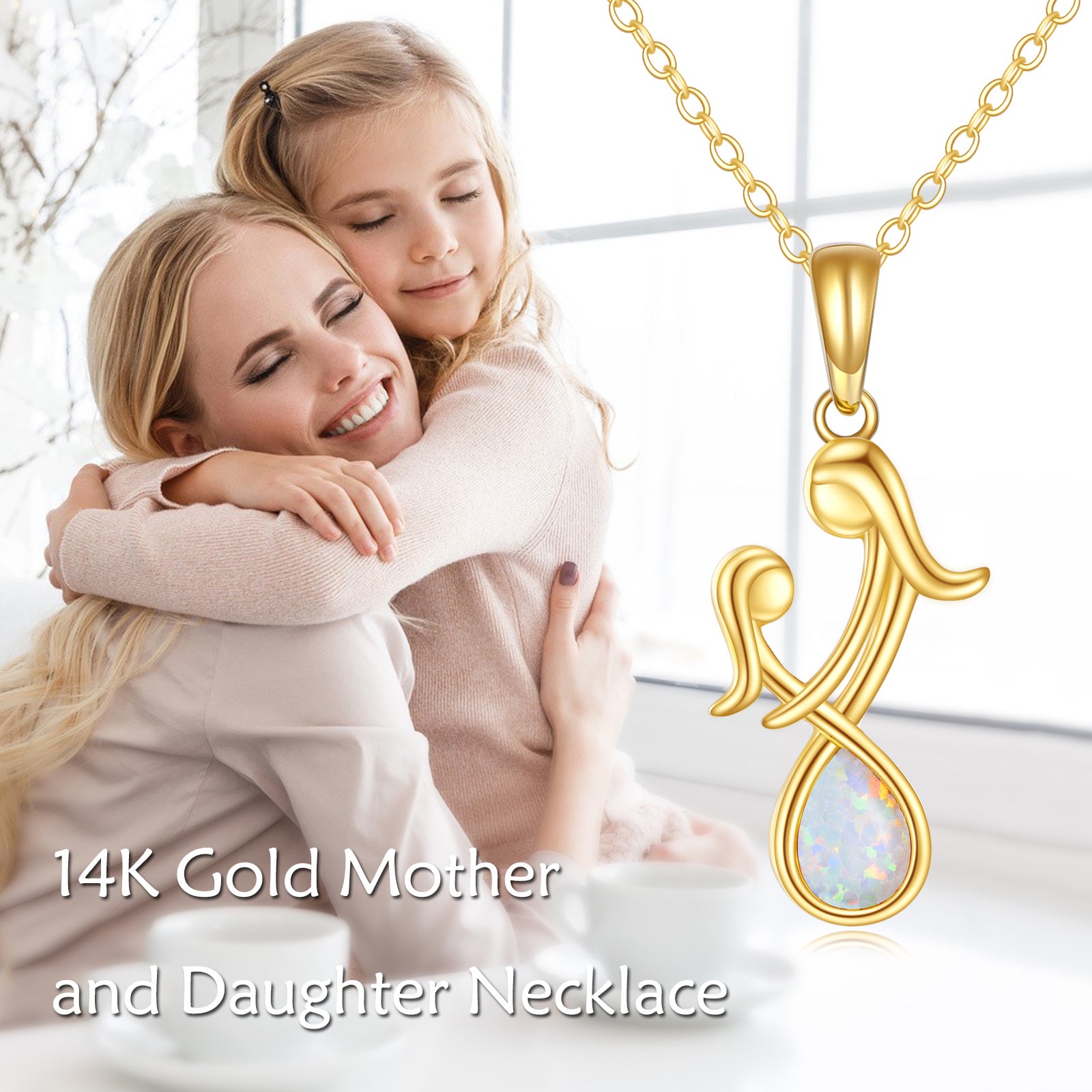 14K Gold Opal Mother & Daughter Pendant Necklace