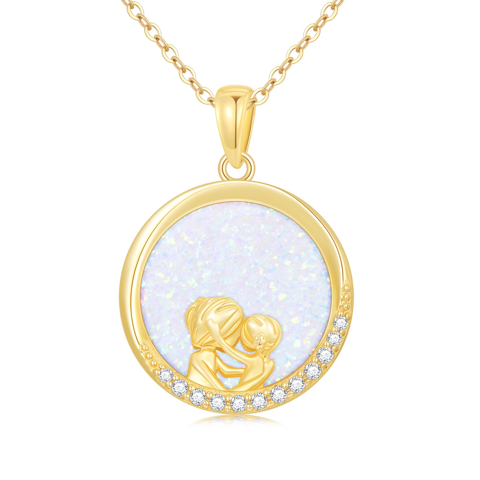 14K Gold Opal Mother Daughter Round Necklace for Women