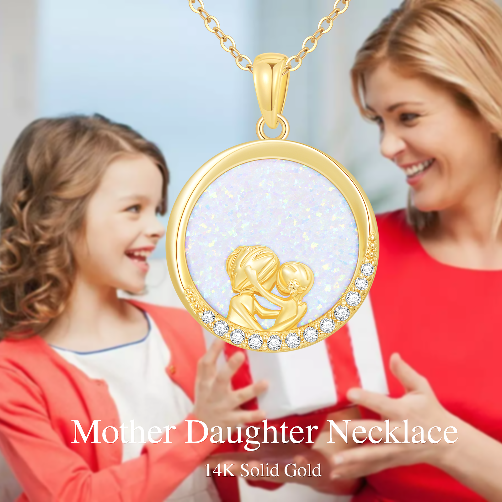 14K Gold Opal Mother Daughter Round Necklace for Women
