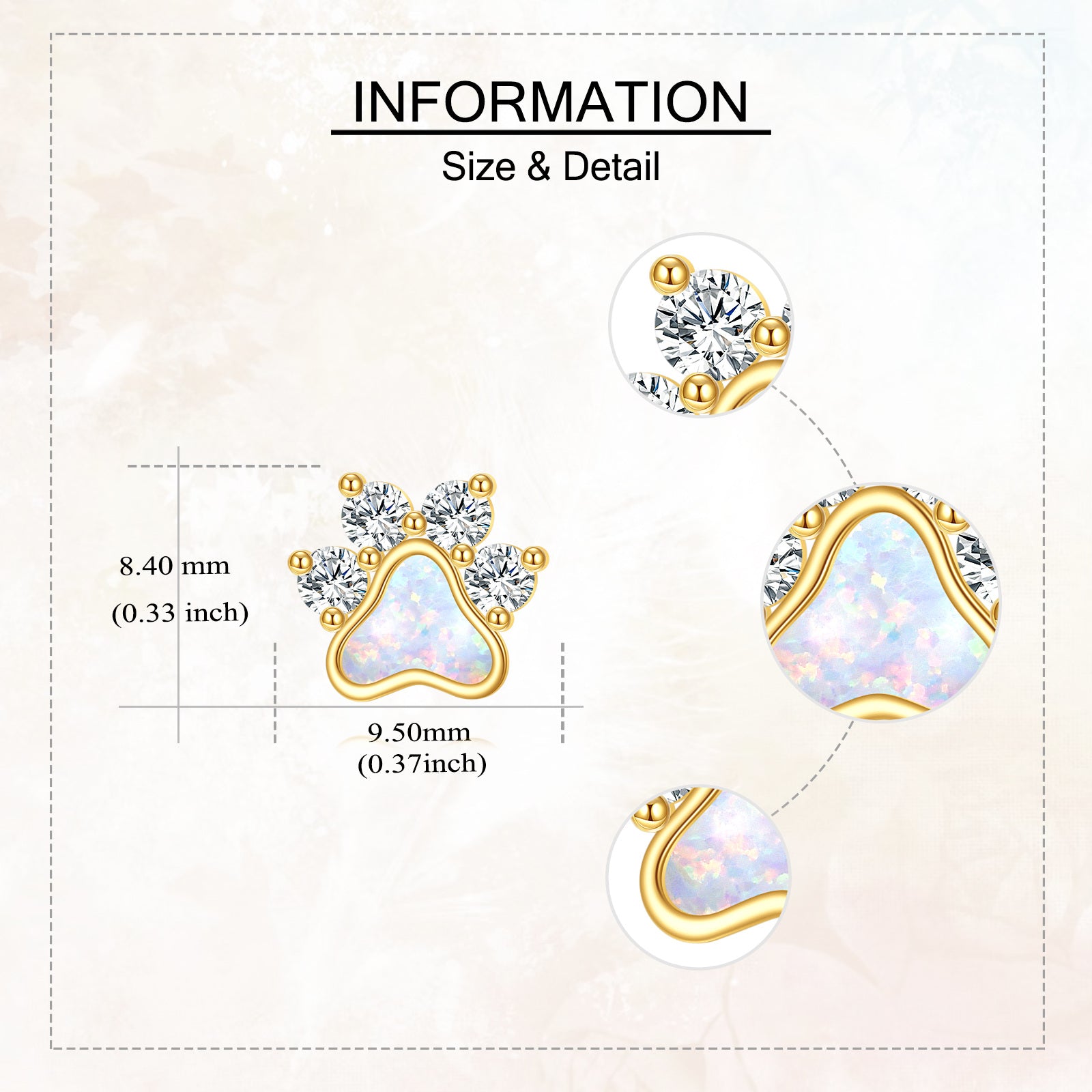 14K Gold Cubic Zirconia Opal Paw Stud Earrings for Women