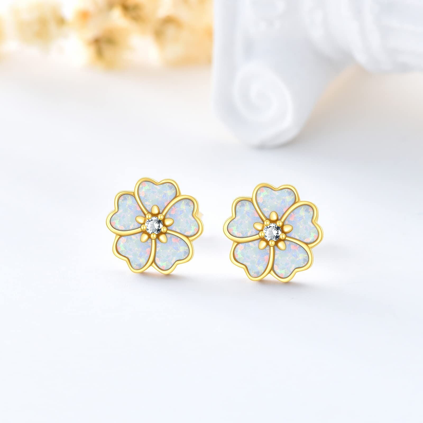 14K Gold Opal Peach Blossom Stud Earrings