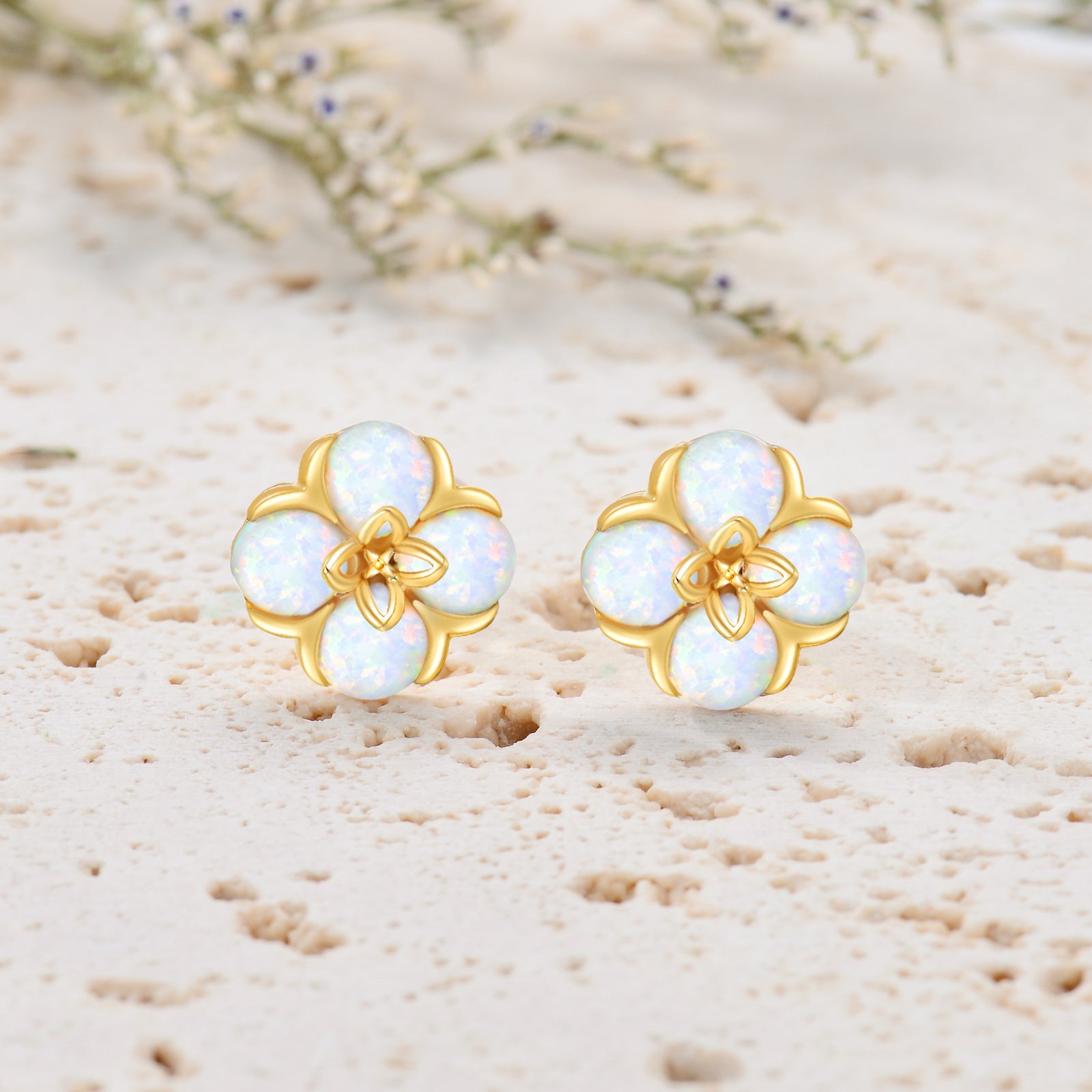 14K Gold Opal Peach Blossom Stud Earrings
