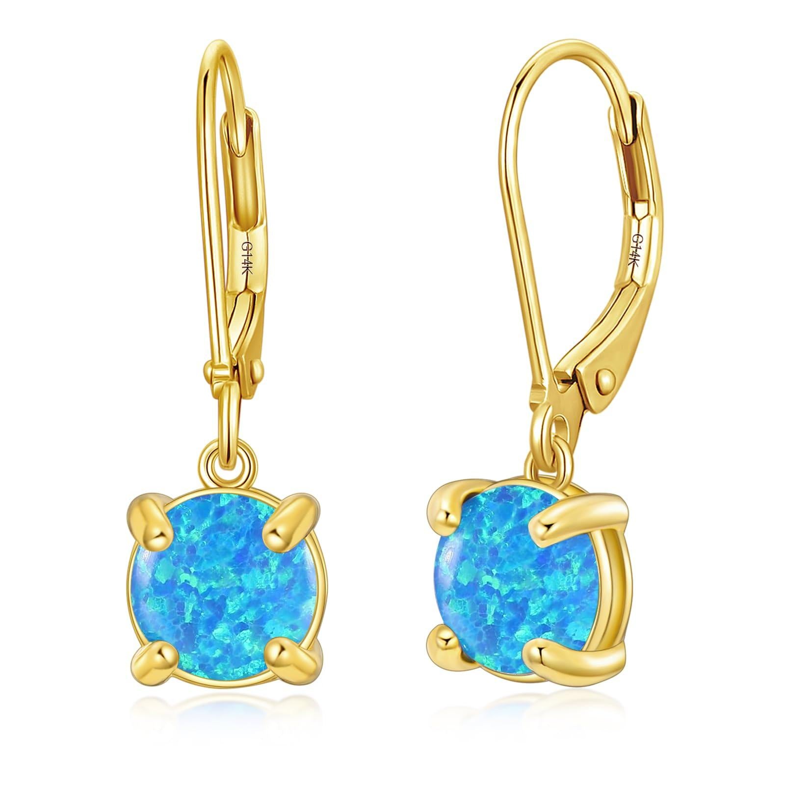 14K Gold Opal Round Lever-back Earrings for Women