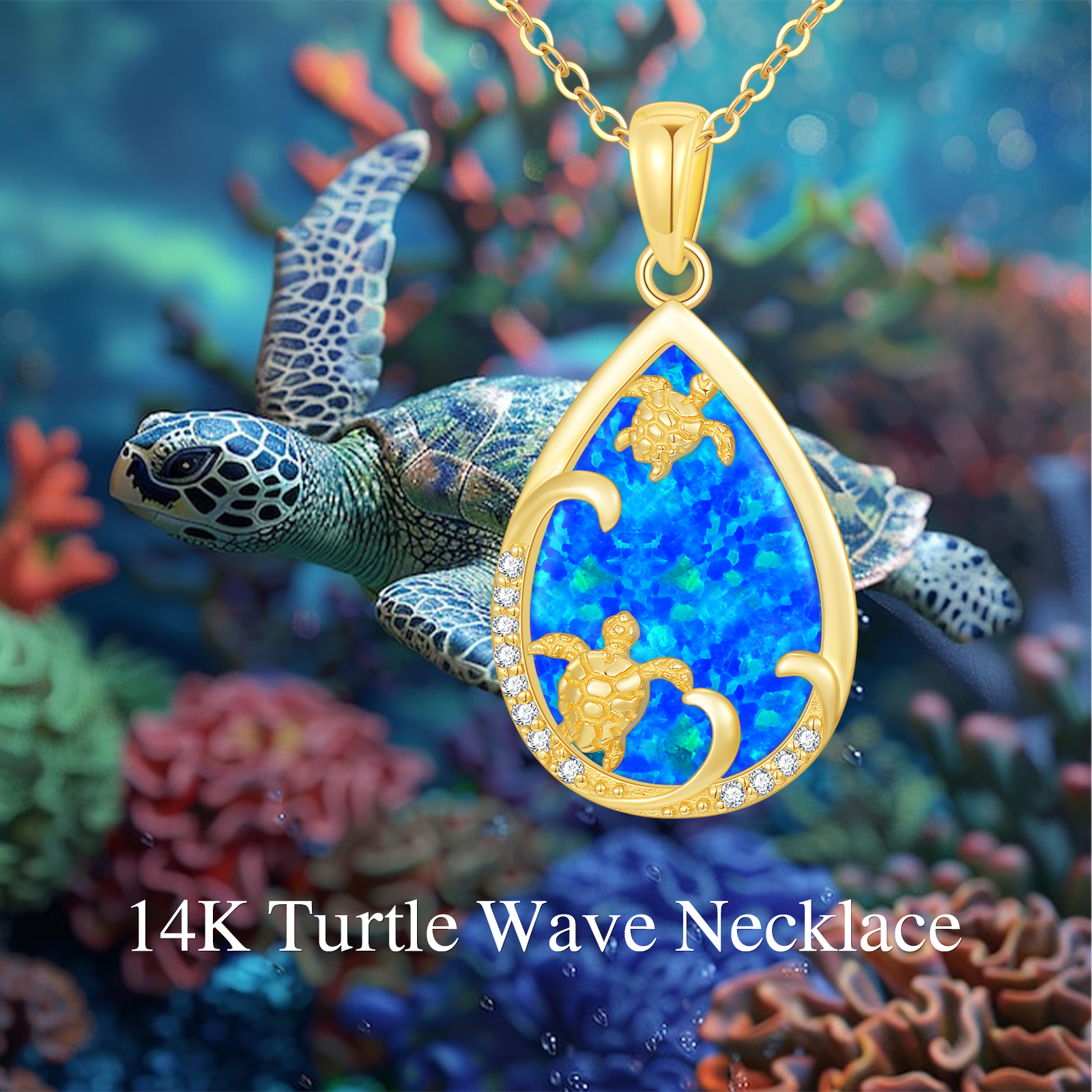 14K Gold Opal Sea Turtle & Drop Shape Pendant Necklace