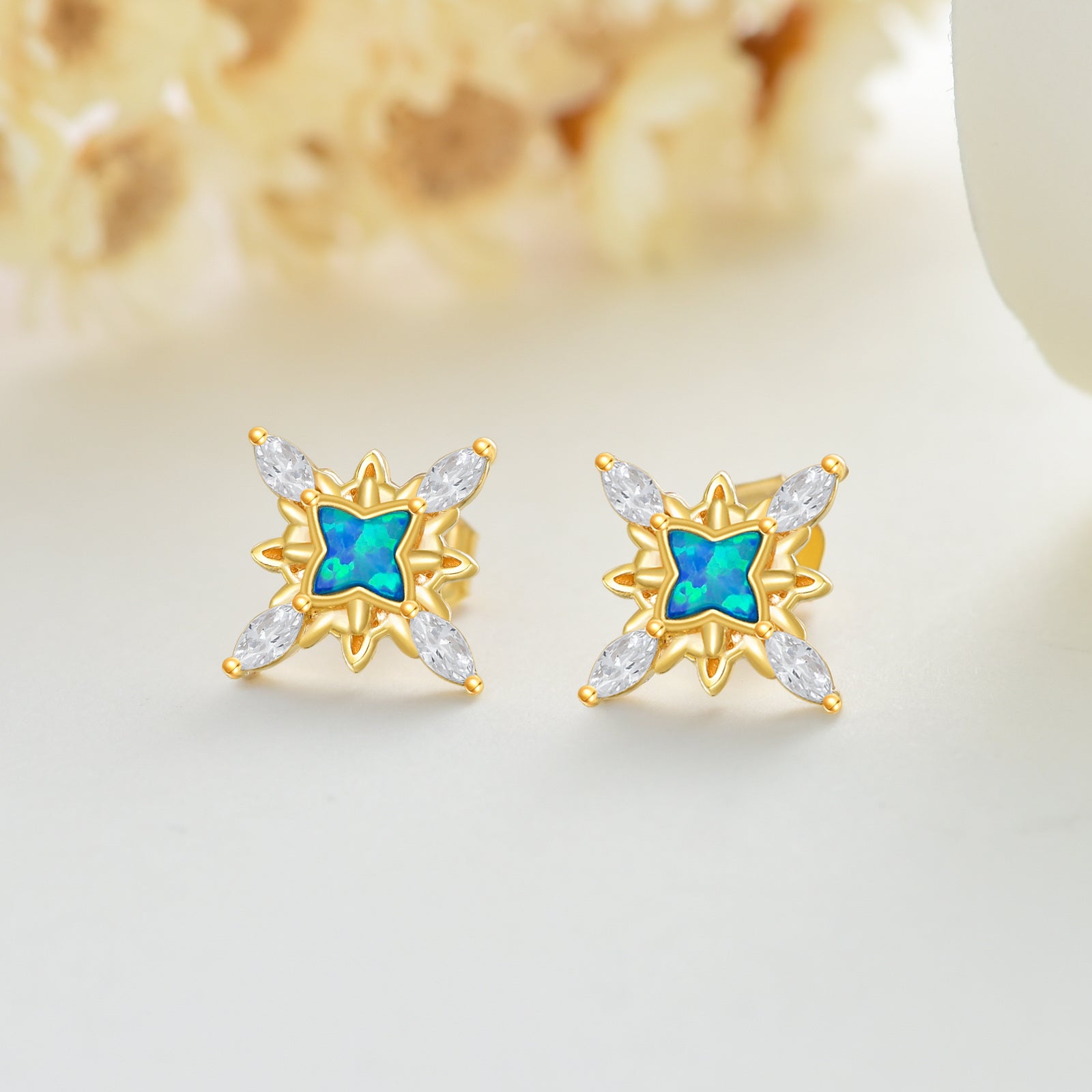 14K Gold Opal Stars Stud Earrings
