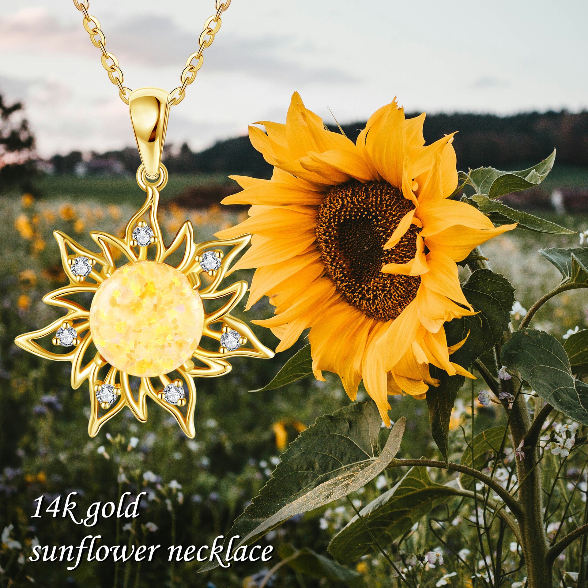 14K Gold Opal Sun Pendant With Cubic Zirconia Necklace