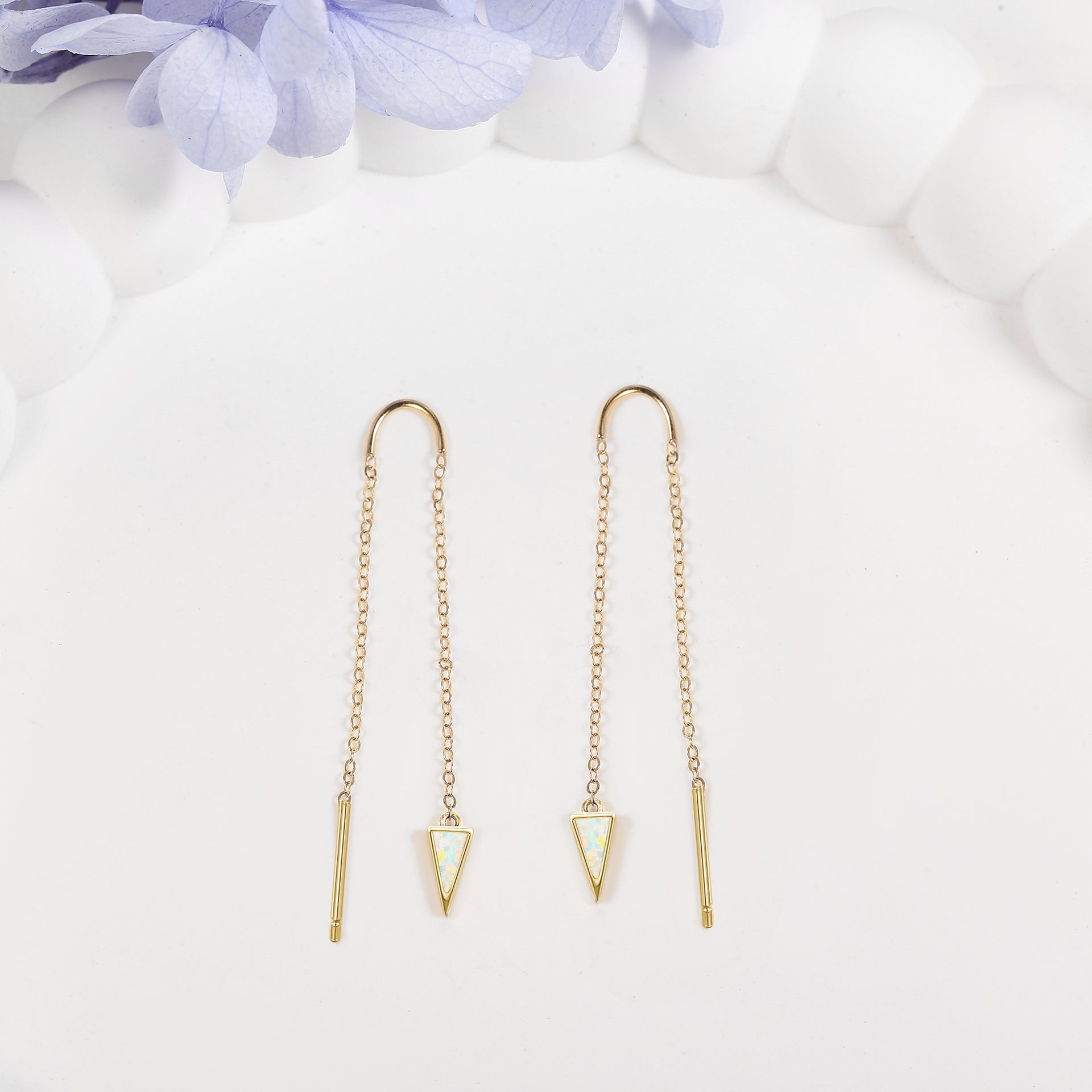 14K Gold Opal Triangle Drop Earrings