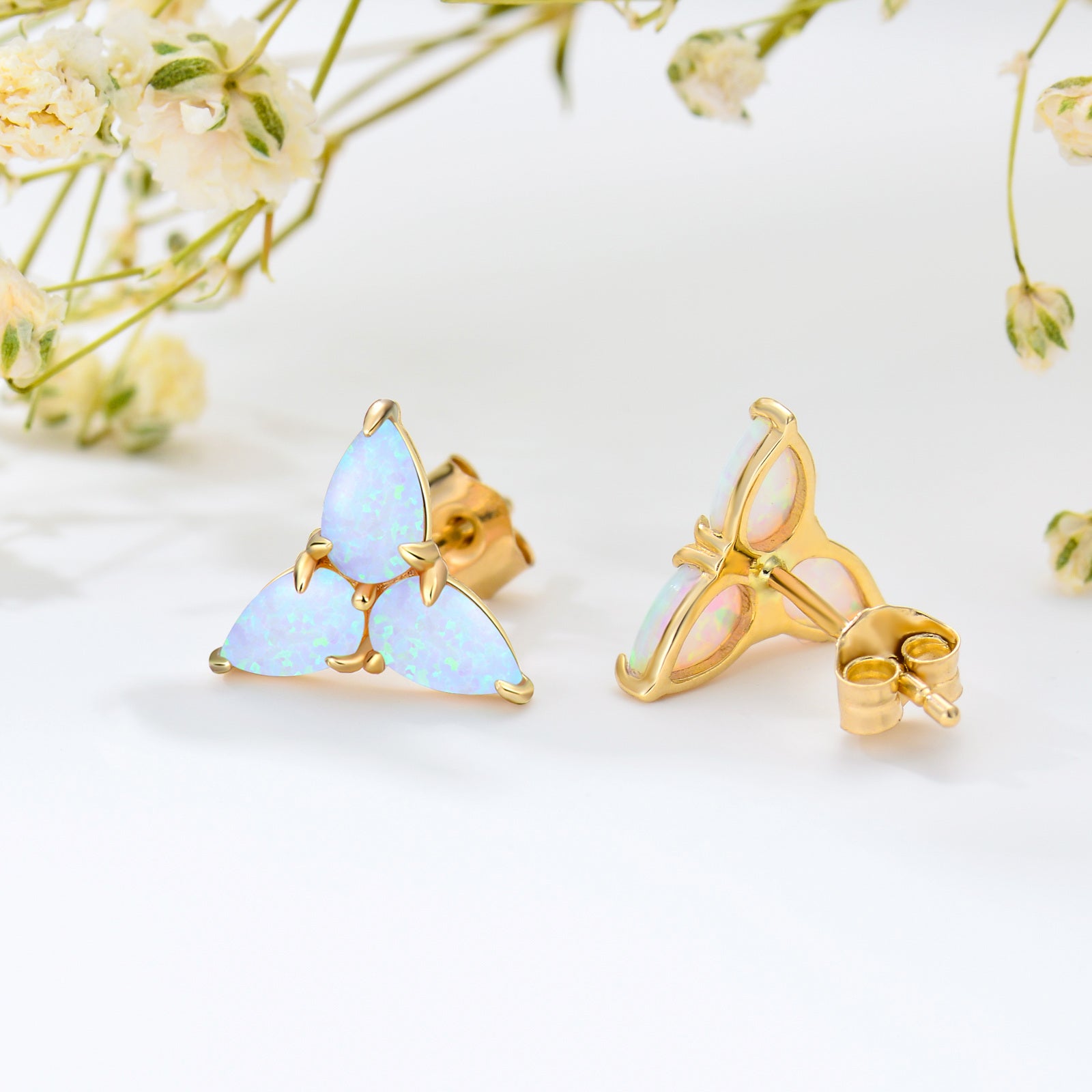 14K Gold Opal Triangle Stud Earrings