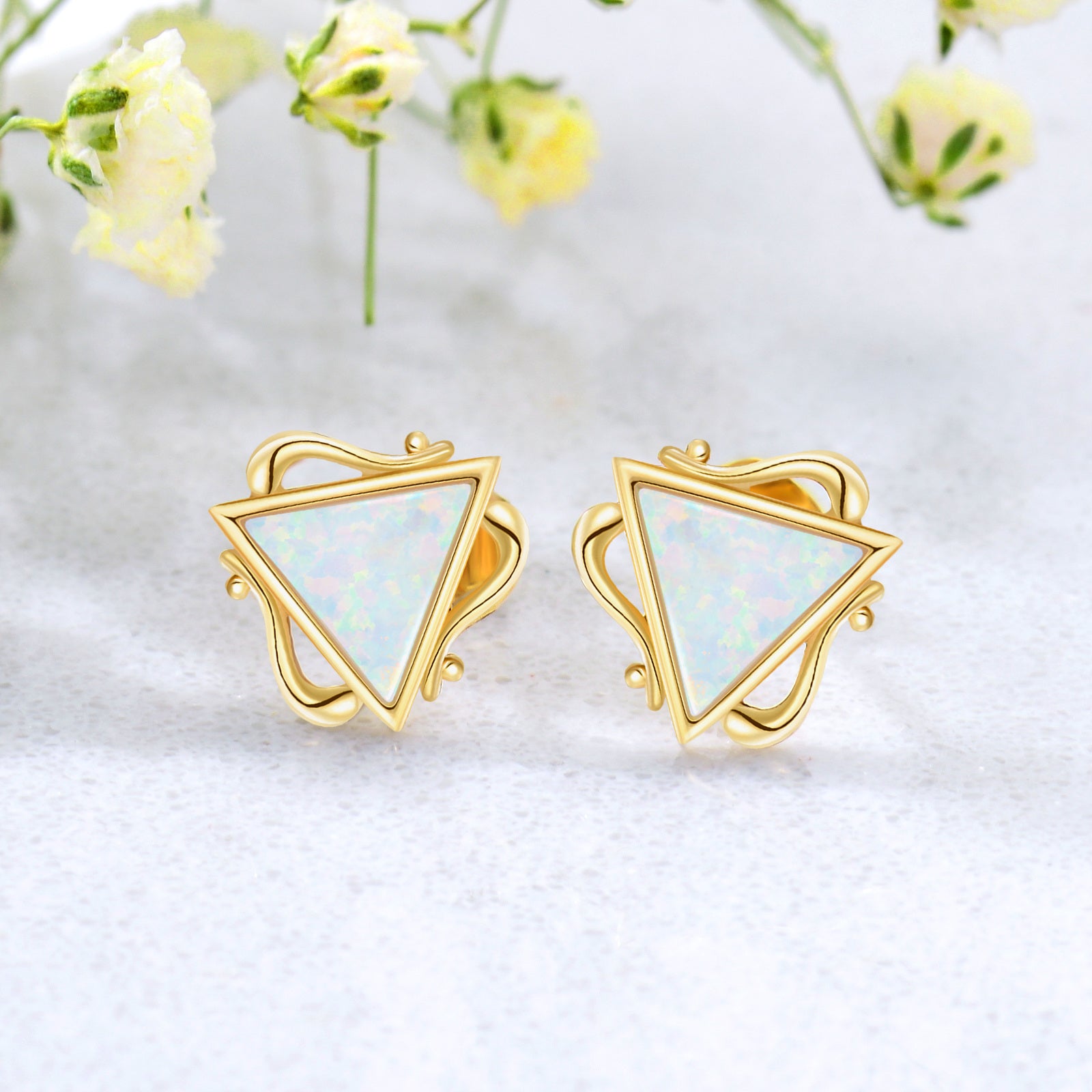 14K Gold Opal Triangle Stud Earrings
