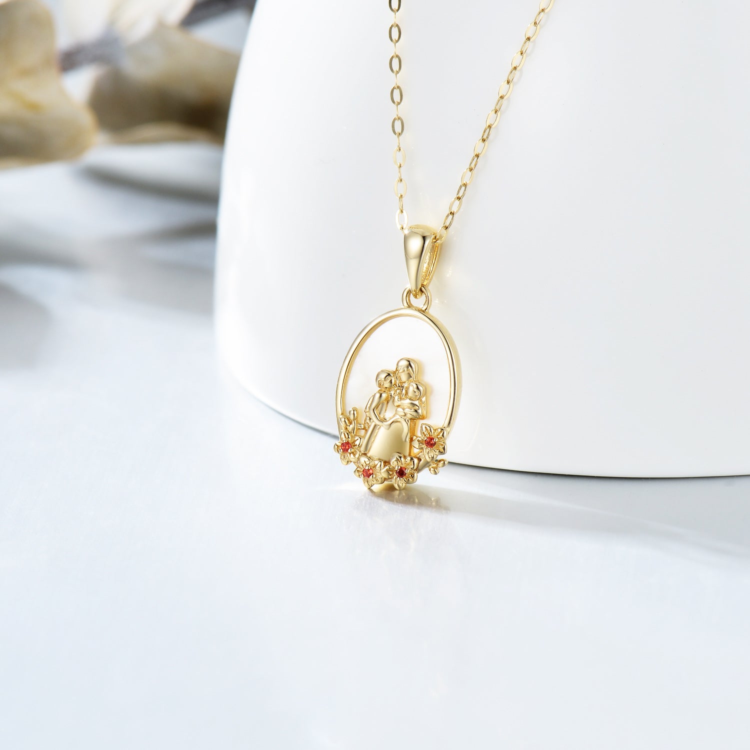 14K Gold Oval Abalone Shellfish Cubic Zirconia Parents & Children Pendant Necklace For Mother