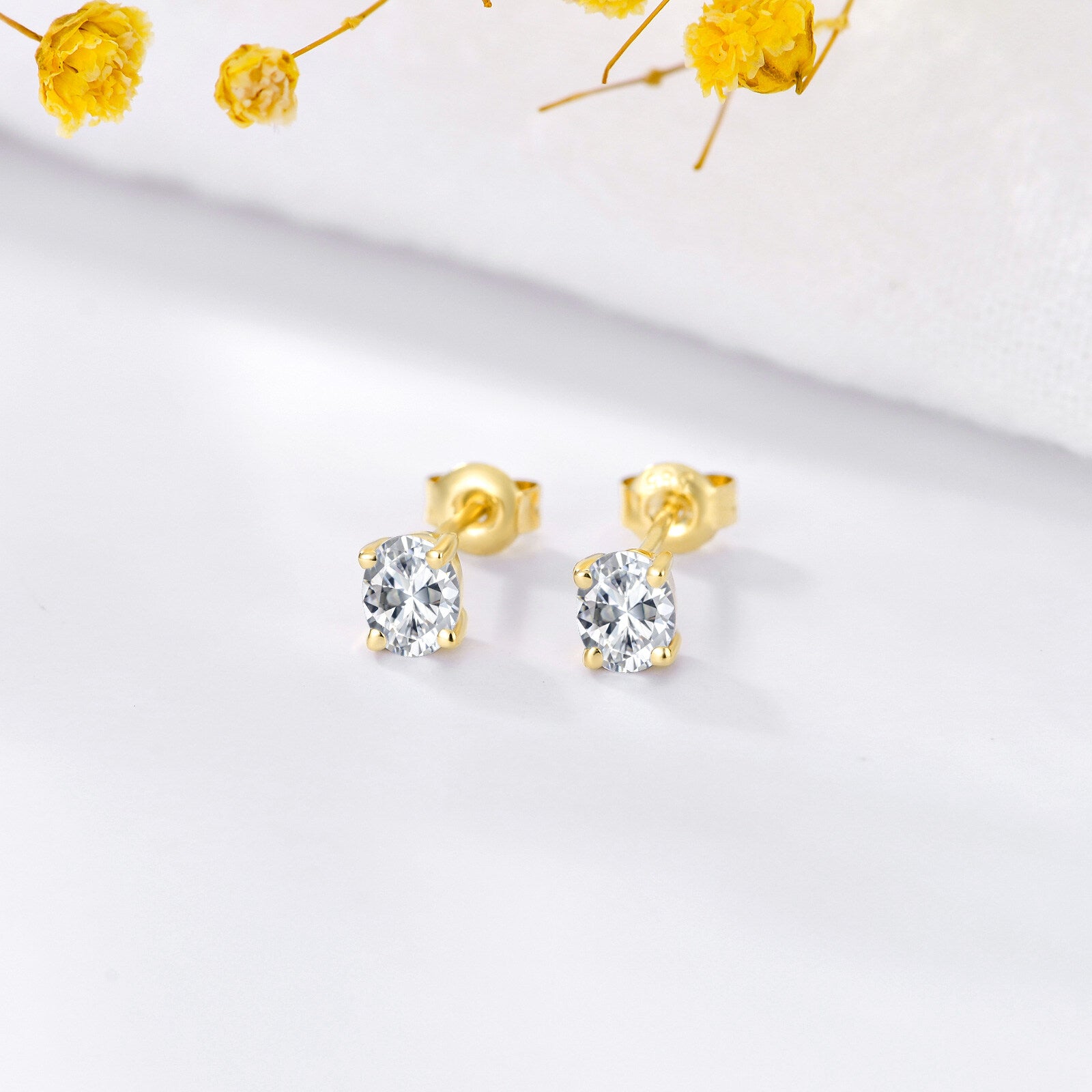 14K Gold Oval Shaped Crystal Stud Earrings
