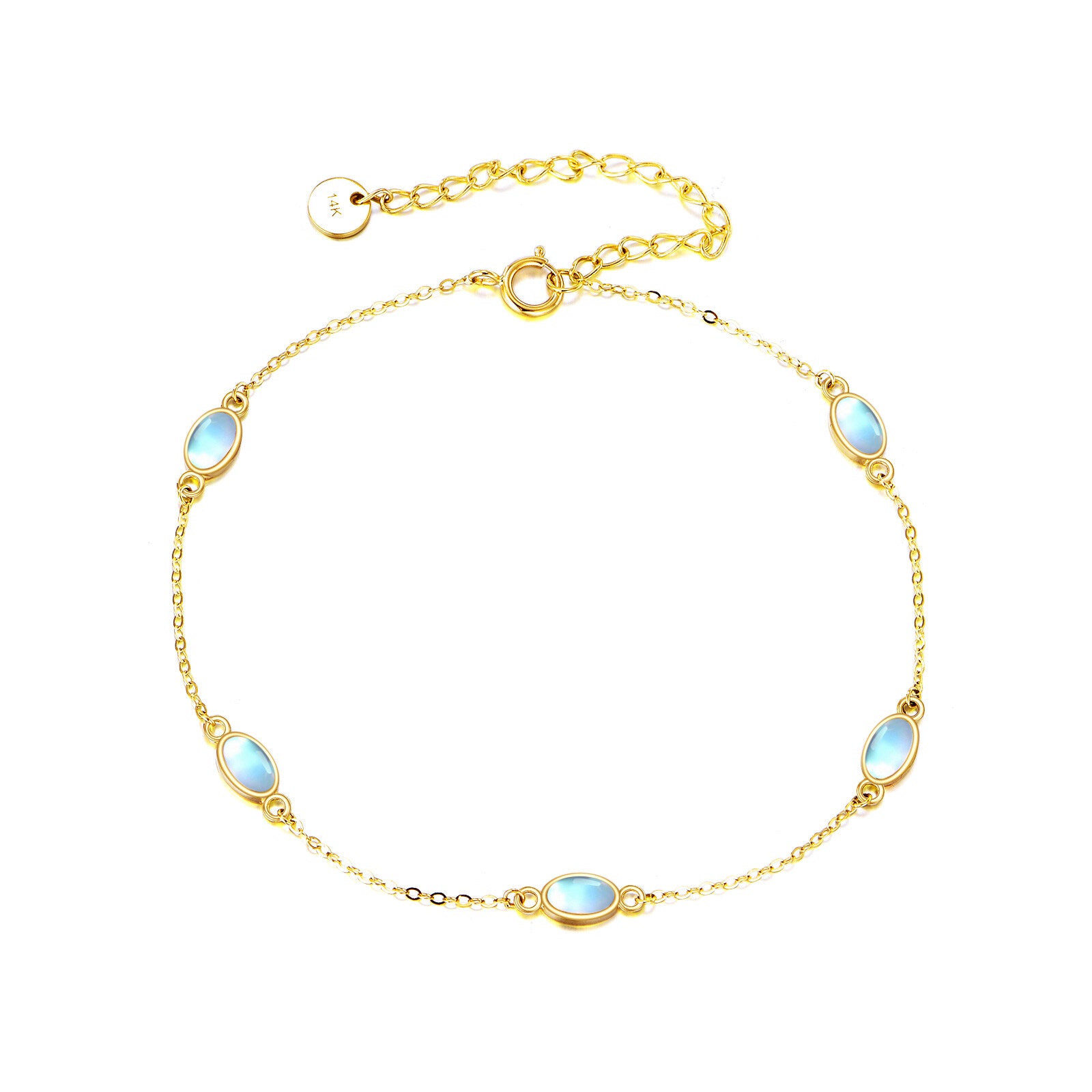 14K Yellow Gold Oval Moonstone Charm Bracelet For Women