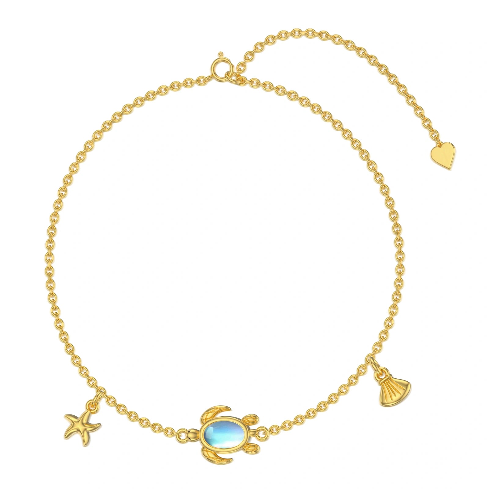 14K Gold Oval Shaped Moonstone Turtle Charm Bracelet