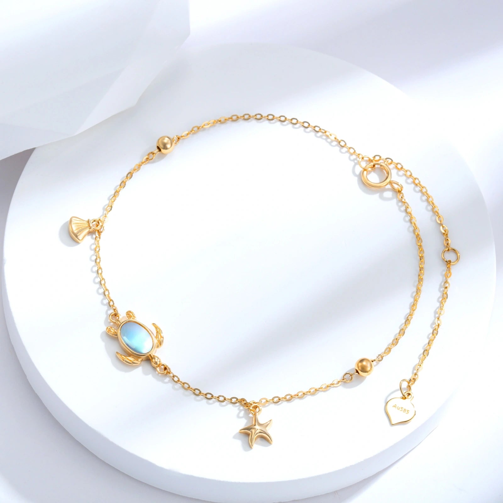 14K Gold Oval Shaped Moonstone Turtle Charm Bracelet