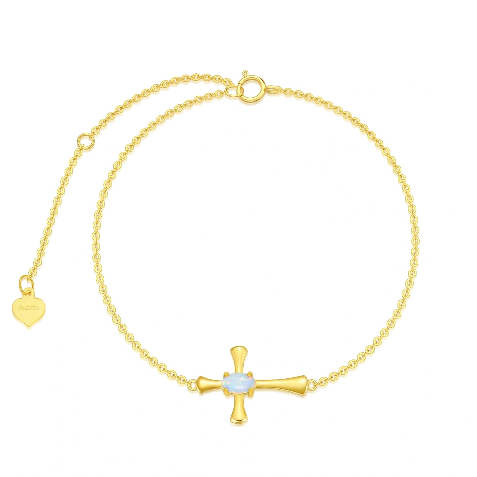 14K Gold Oval Shaped Opal Cross Charm Bracelet