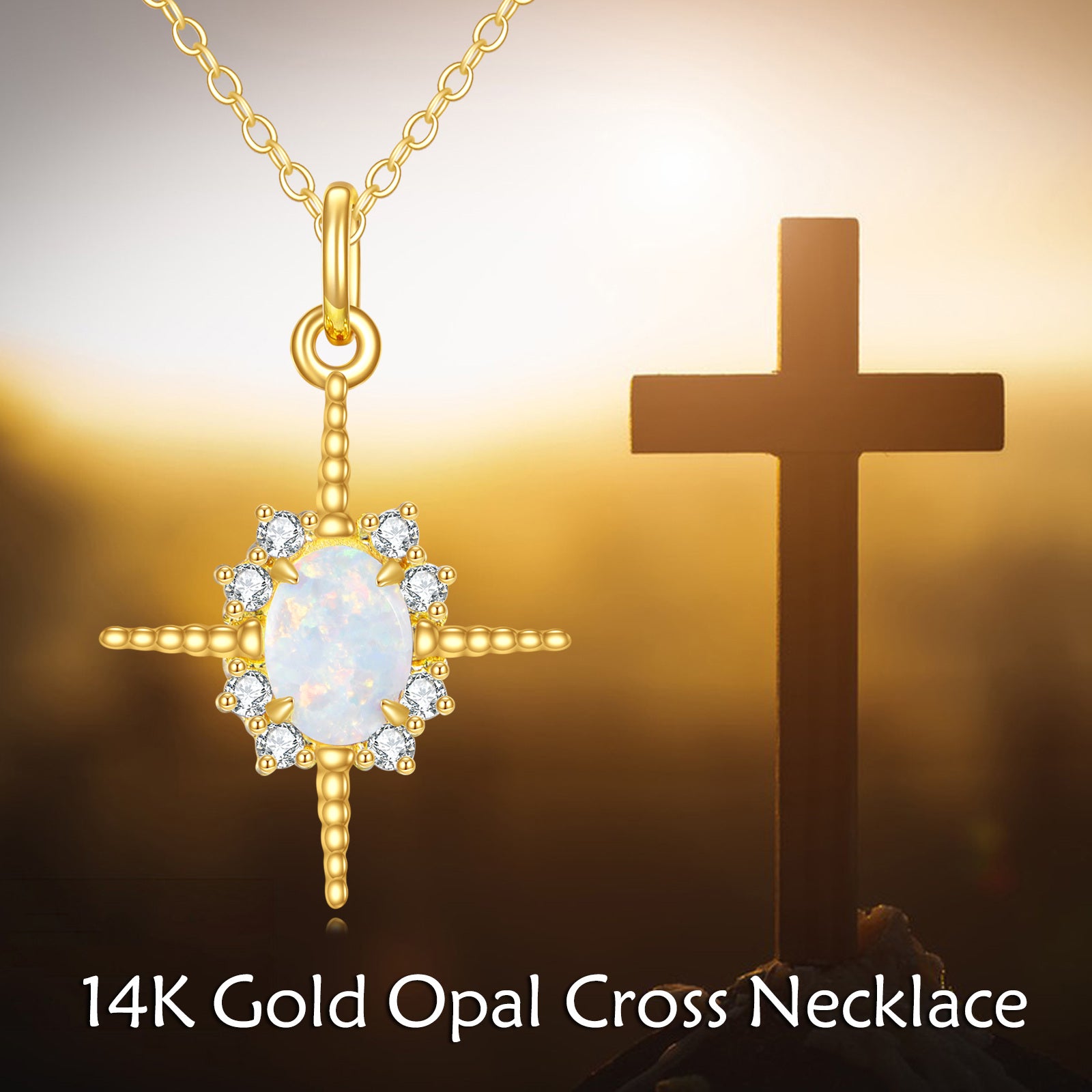 14K Gold Oval Shaped Opal Cross Pendant Necklace