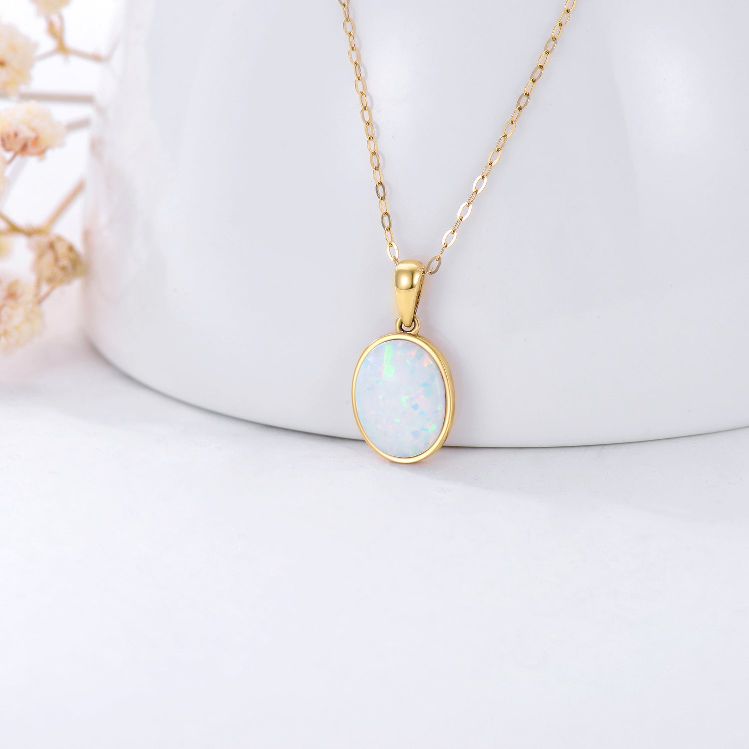 14K Gold Oval Shaped Opal Pendant Necklace