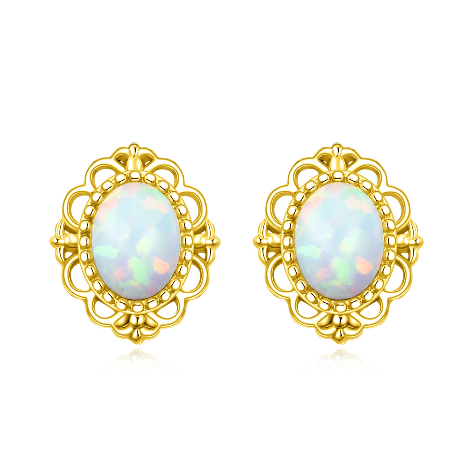 14K Yellow Gold Oval Opal Stud Earrings For Women