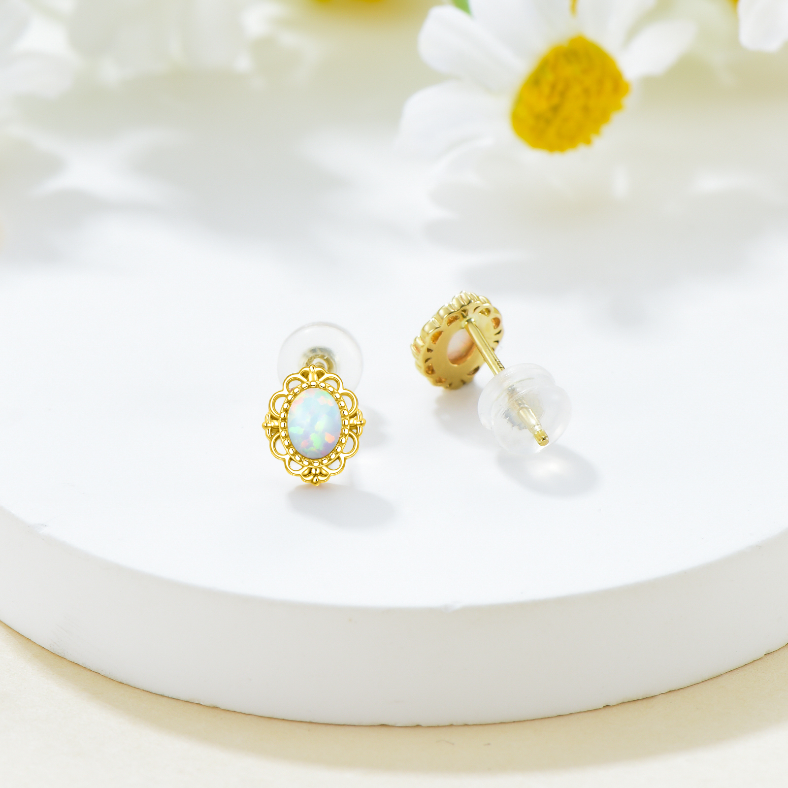 14K Yellow Gold Oval Opal Stud Earrings For Women