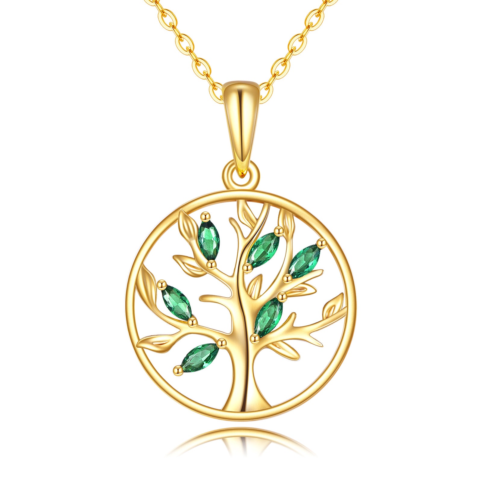 14K Gold Oval Shaped Cubic Zirconia Tree Of Life Pendant Necklace