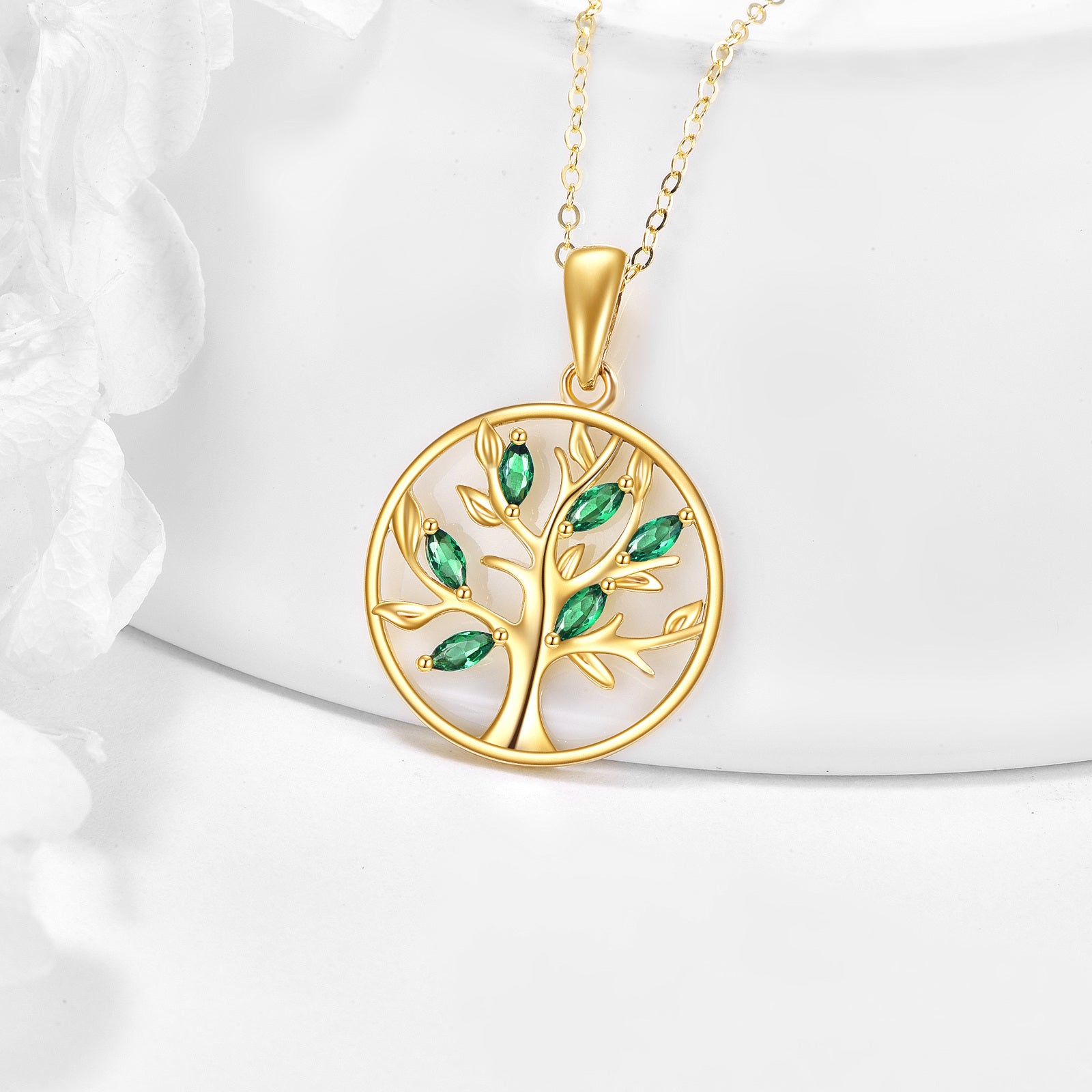 14K Gold Oval Shaped Cubic Zirconia Tree Of Life Pendant Necklace
