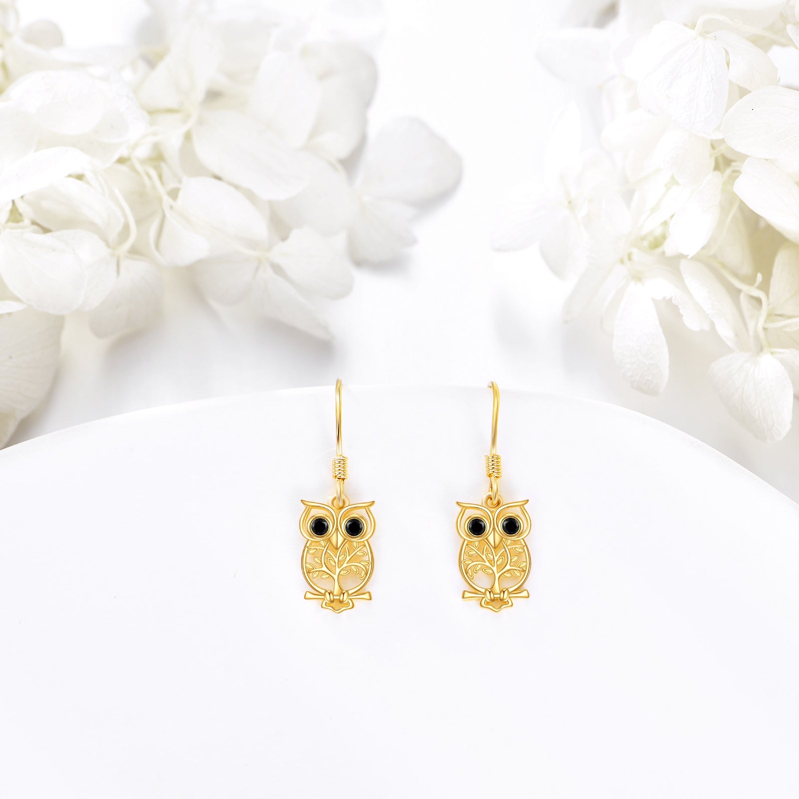 14K Gold Cubic Zirconia Owl Drop Earrings