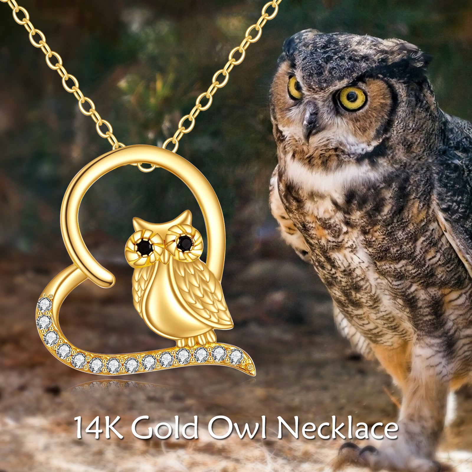 14K Gold Cubic Zirconia Owl & Heart Pendant Necklace