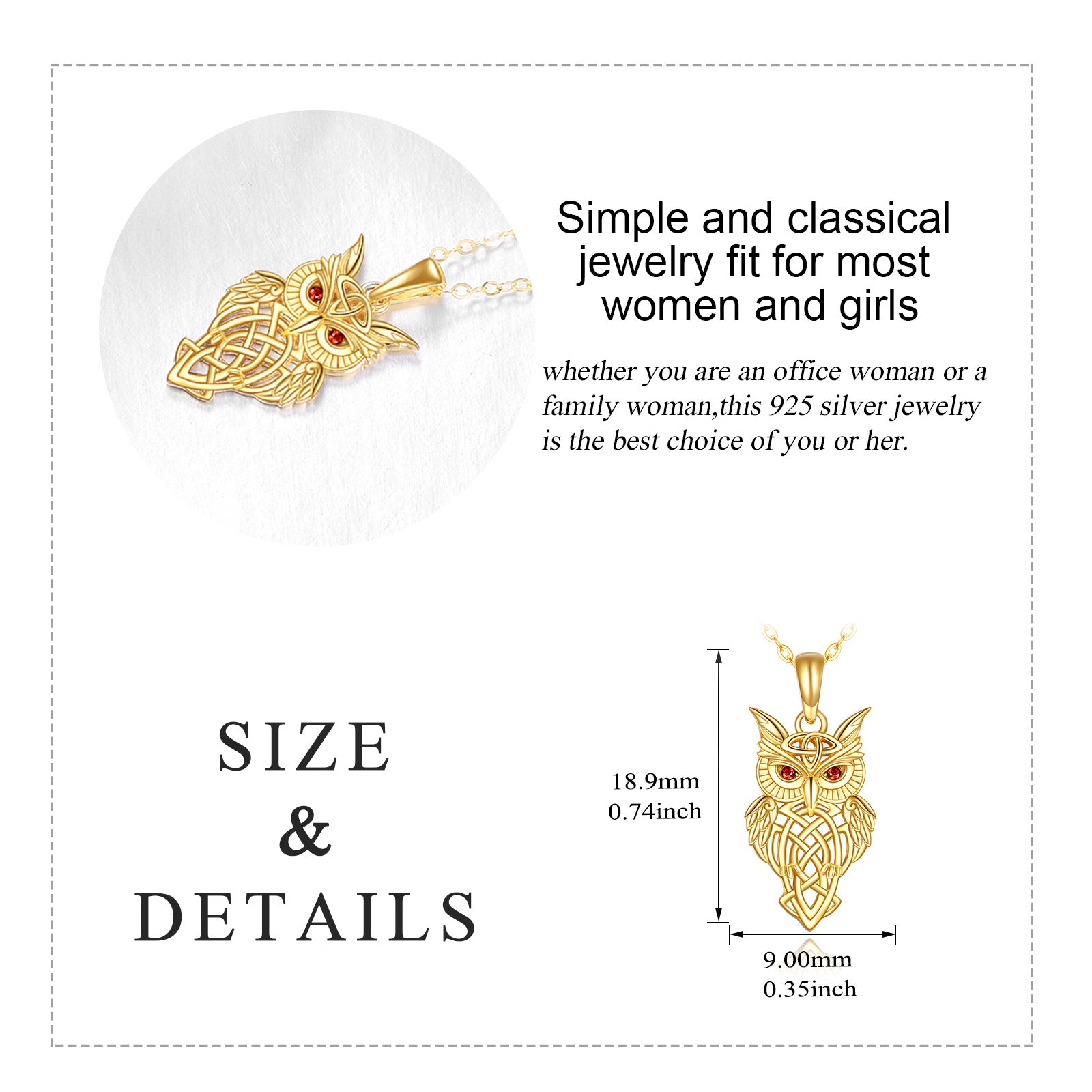 14K Gold Cubic Zirconia Owl Irish Celtic Knot Pendant Necklace